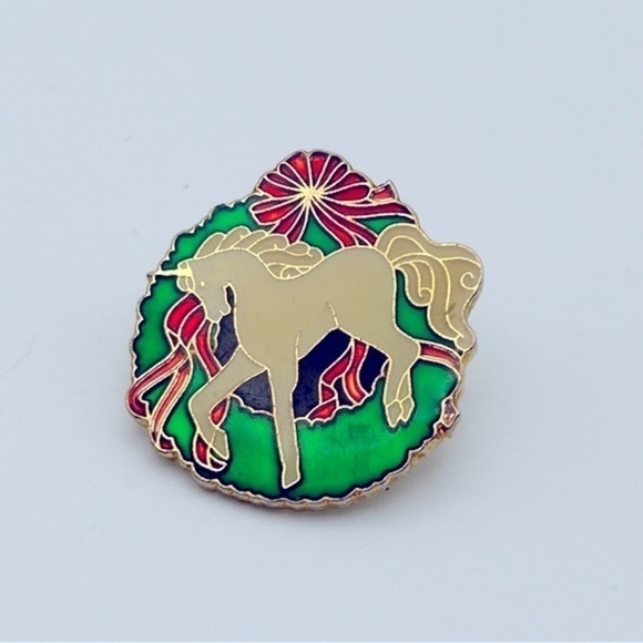 Vintage Other - Vintage Small Novelty Red and Green Round Unicorn Pin Girl Power Red Ribbon
